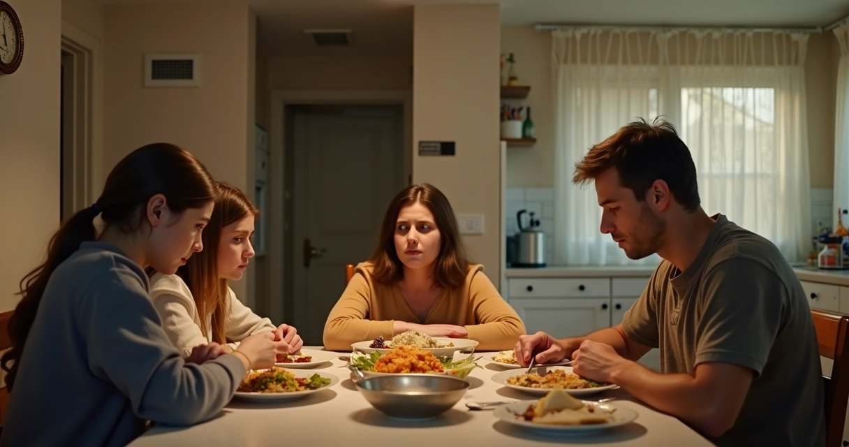 Family sitting quietly in a tense kitchen scene 
