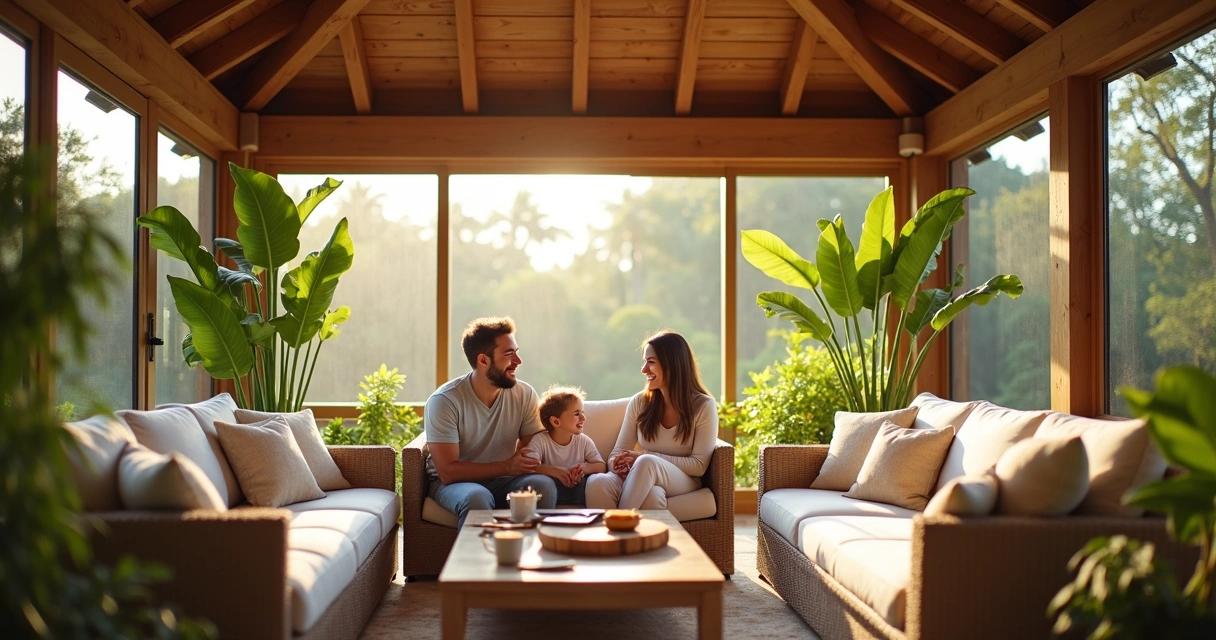 Family relaxing in a screened lanai with pressure-treated wood
