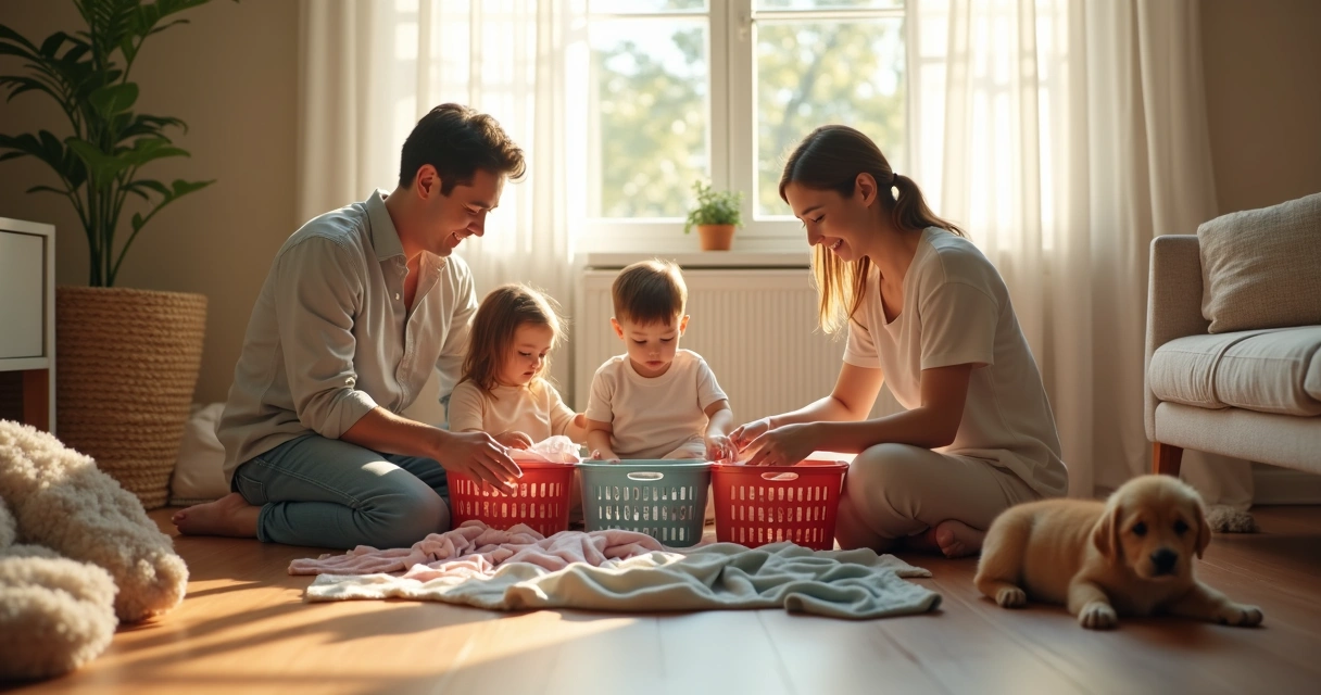 Family sorting laundry together on the living room floor. 