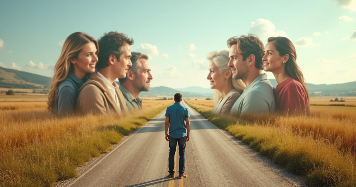 Person at crossroads with family portraits ahead 
