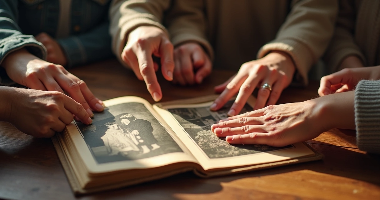 Old photo album on wooden table with family hands 