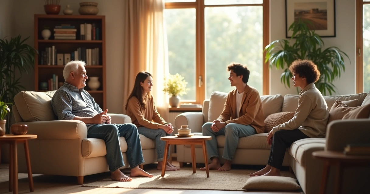 Three generations talking in a living room circle 