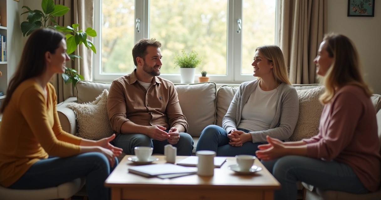 Family seated in a living room listening during a calm conversation
