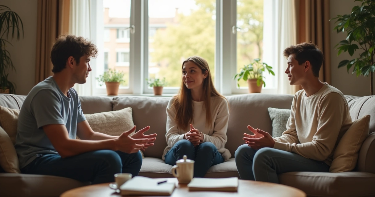 Parent and teenagers in a calm listening circle at home