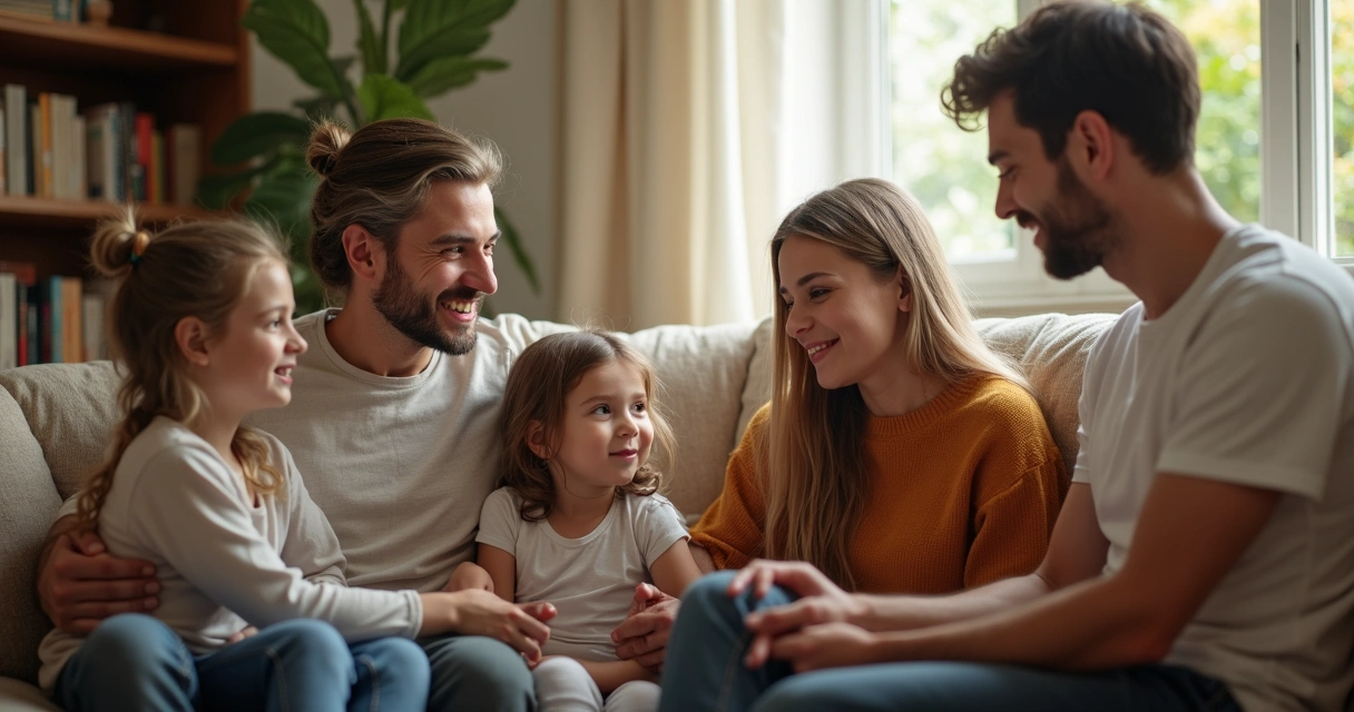Family sitting together in a living room, actively listening to each other 