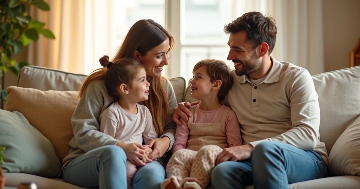 Parents and two children sitting in a cozy living room together, with everyone interacting peacefully and showing attentive body language 