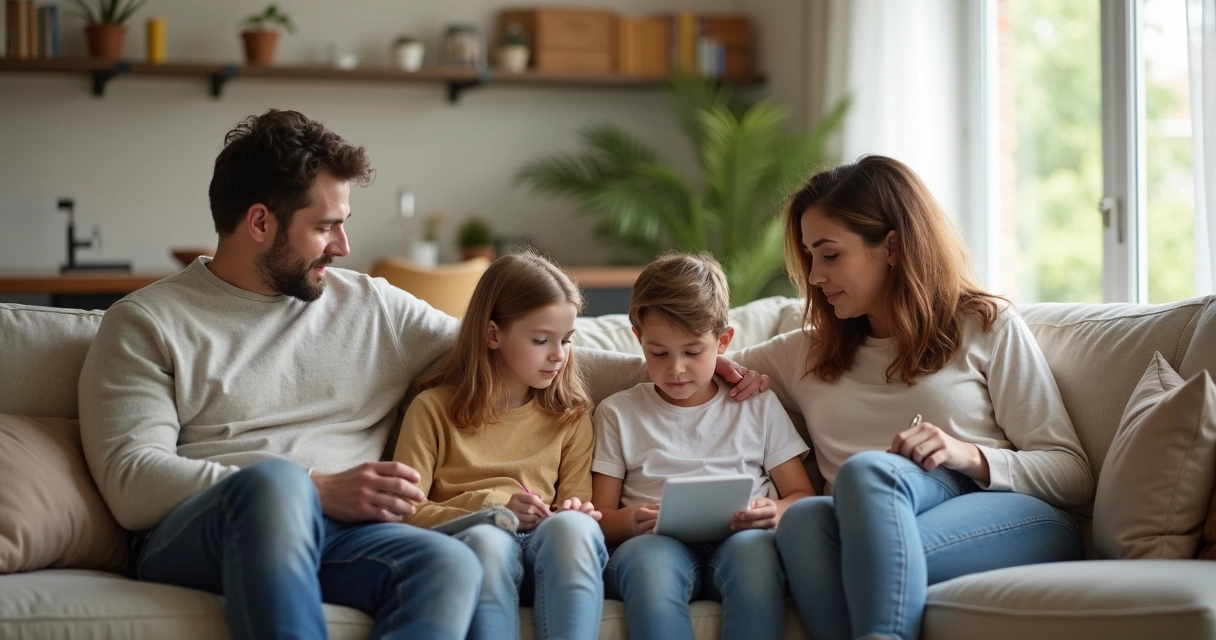 Family sitting together on a couch in a living room 