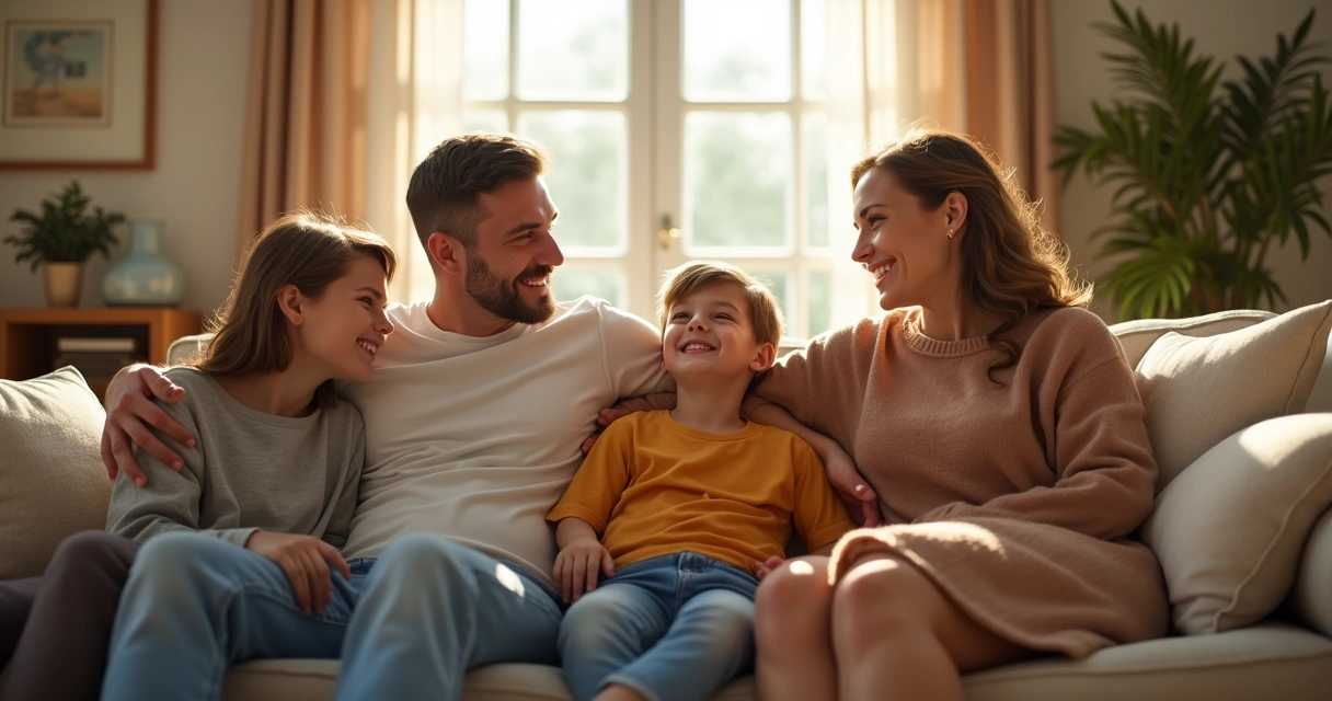 Family of four having an open conversation in a bright living room 