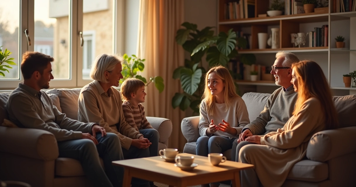 Family talking calmly in a living room circle