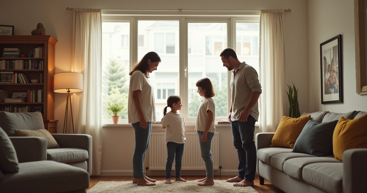 Family members connected by subtle lines in living room