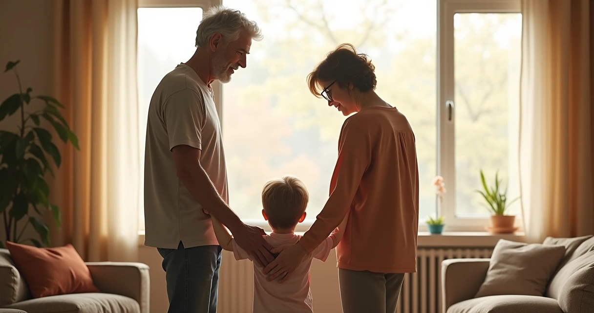 Three people from different generations standing in a room, each standing in a distinct pose representing different emotional roles 