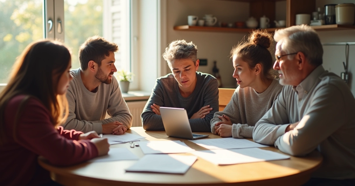 Casual family discussing at kitchen table 