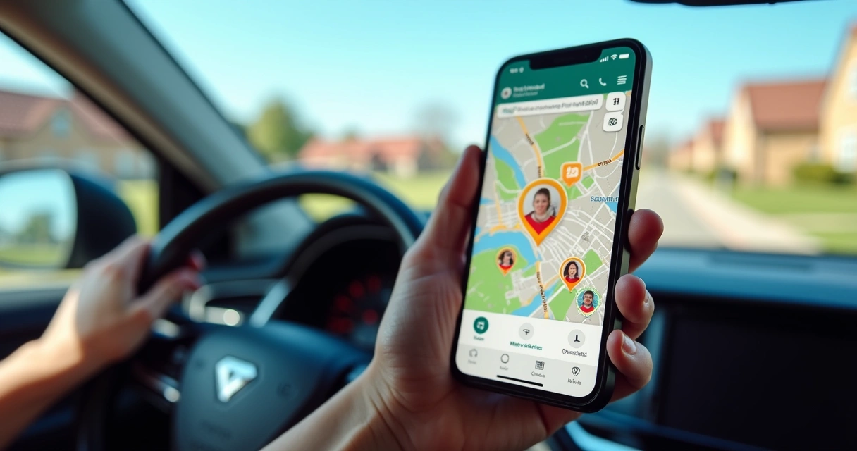 Mão segurando o celular, mostrando a localização dos familiares em um mapa.