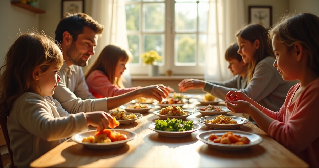Family gathered at a table enjoying a meal together 