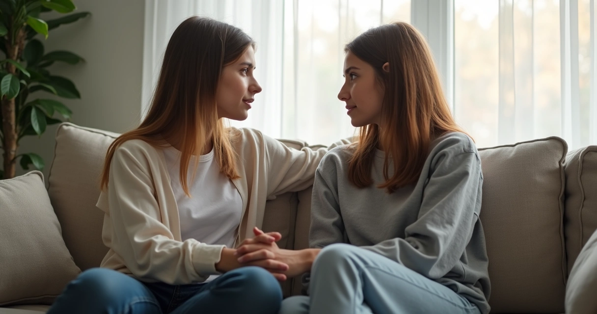 Mother and teenage daughter calming down after argument on couch 