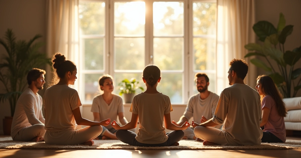 Family meditating together sitting calmly in a living room 