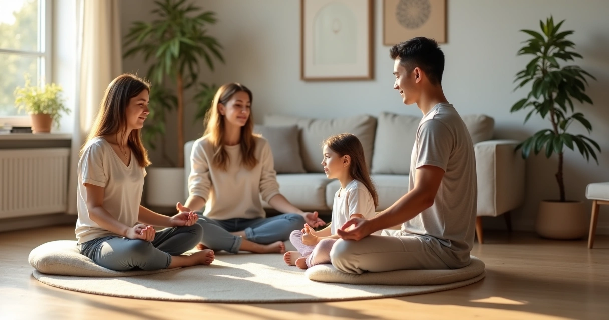 Parents and two children meditating together on cushions in a bright living room 