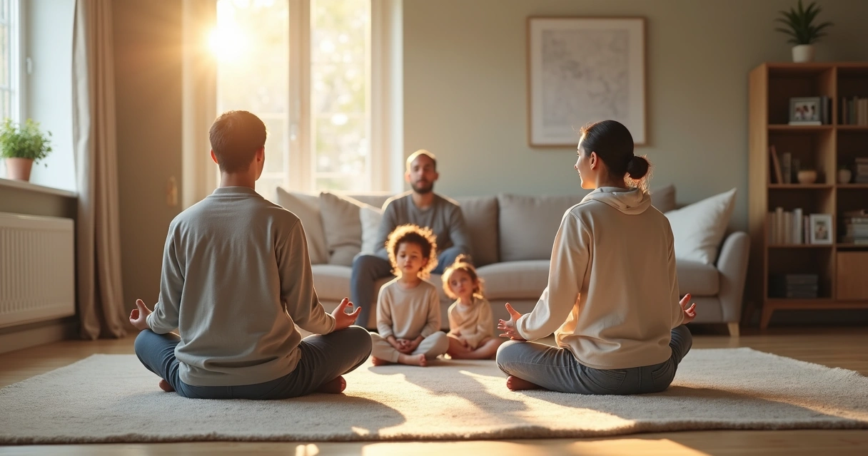 Family sitting together in quiet meditation in a sunlit living room 