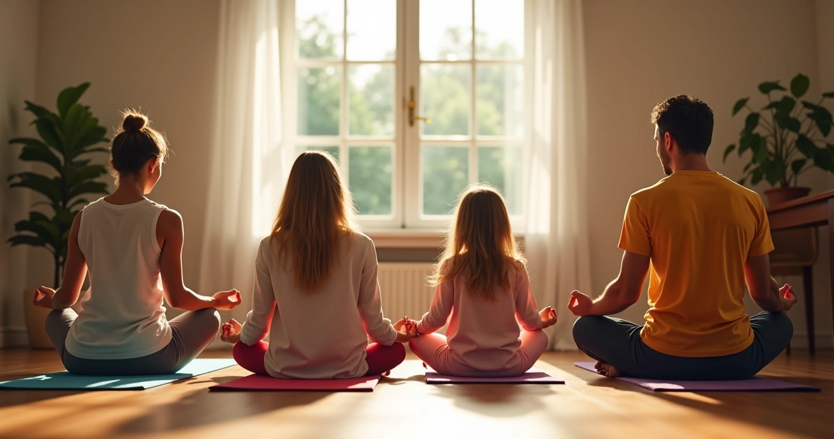 Family with two children practicing meditation together on yoga mats 
