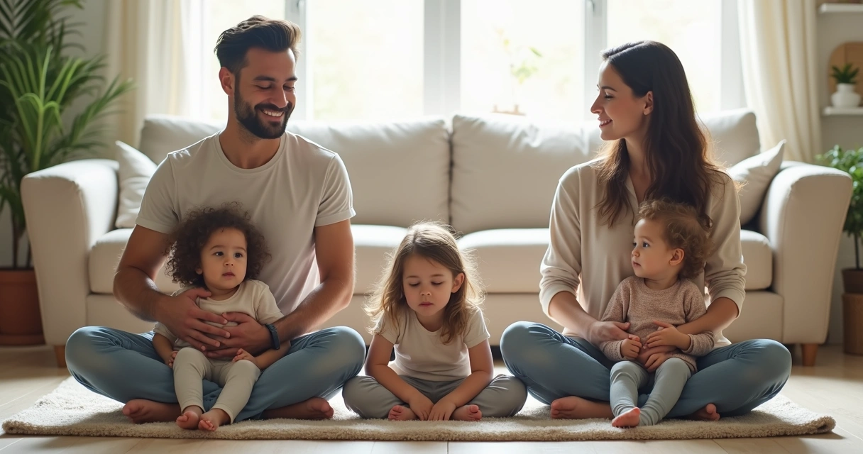 Family meditating together on a living room floor 