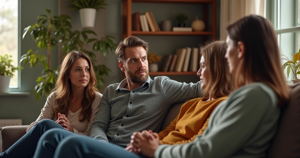 Family sitting together in living room having a serious conversation 