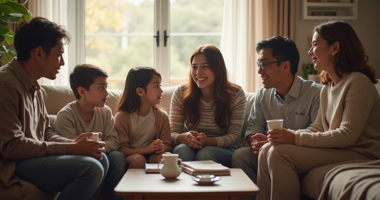 Family meeting in a living room with adults and children talking calmly 