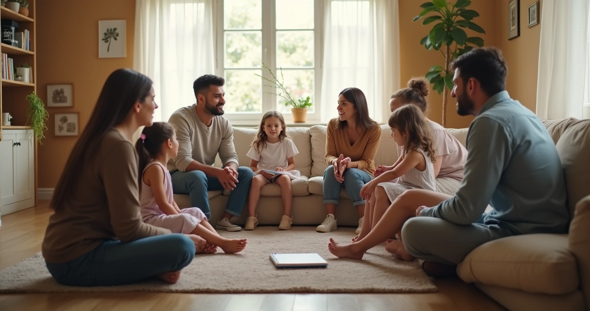 Blended family talking in a living room circle