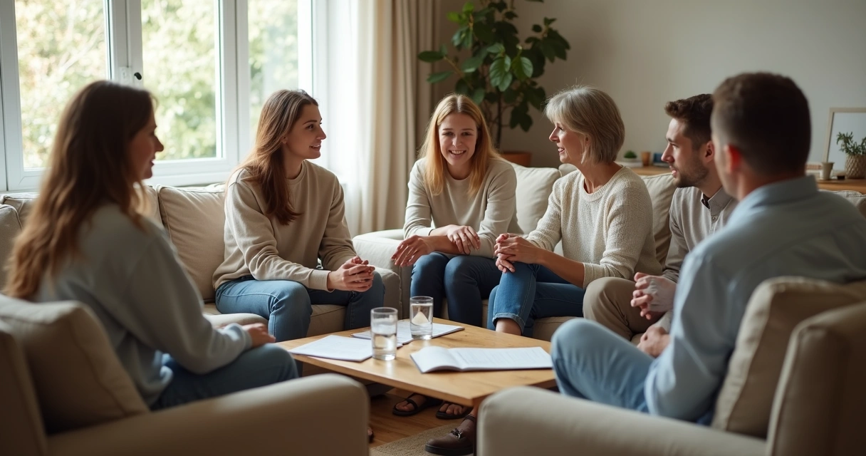 Family seated in a calm living room discussion circle