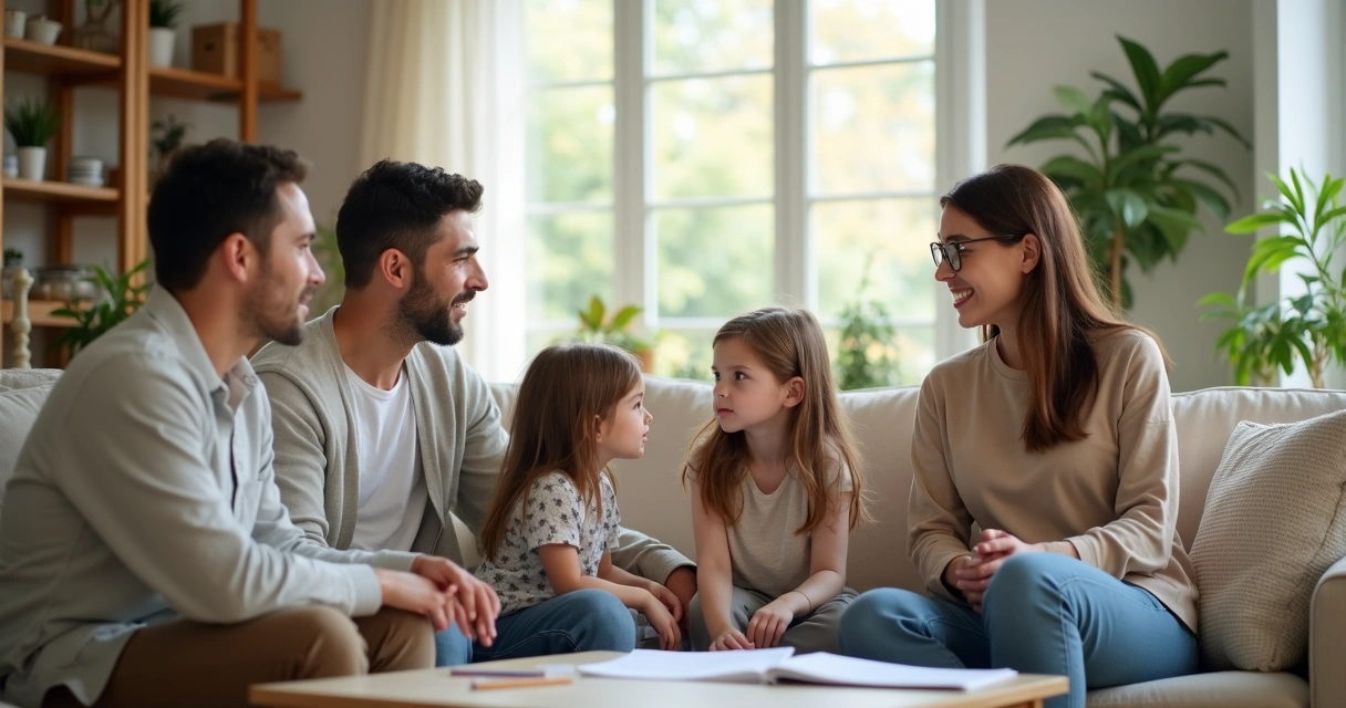 Family meeting in a calm living room