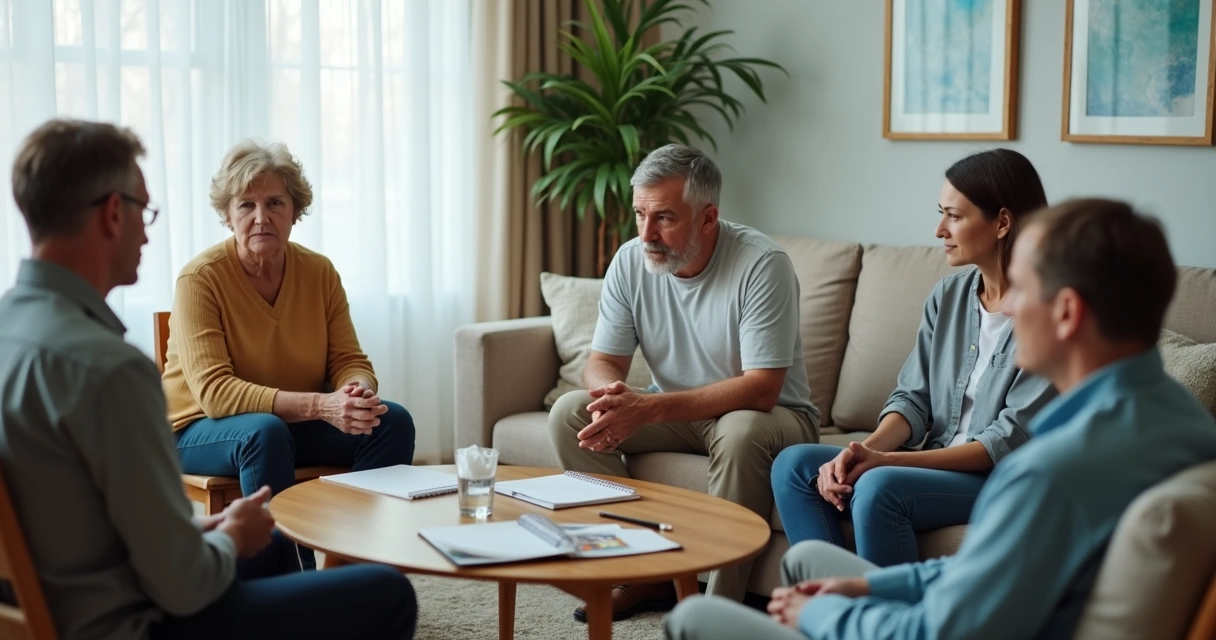 Family seated in a calm meeting with notes on the table