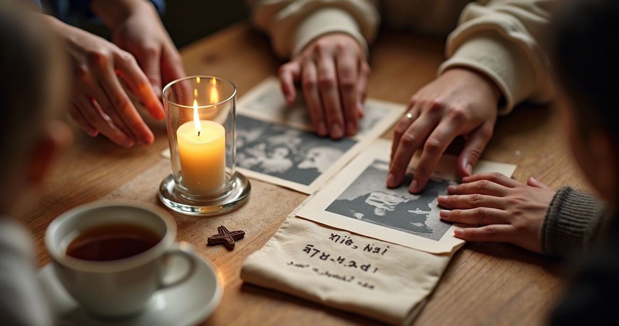 Family hands around a table with photos and candles