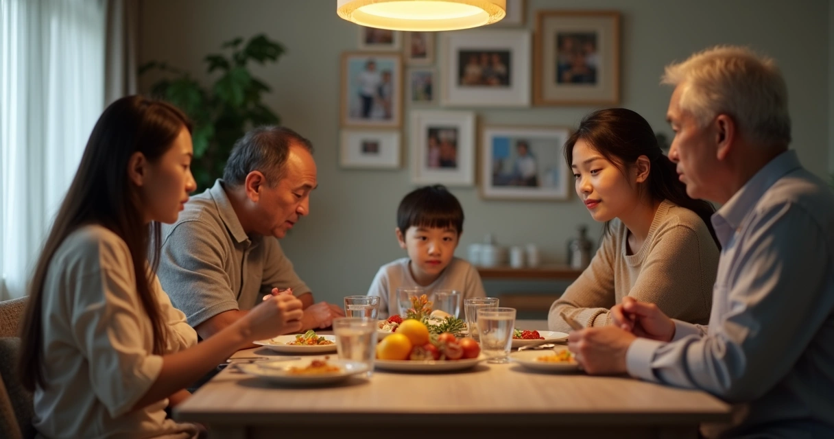 Family at dinner table with subtle tension and distant expressions 