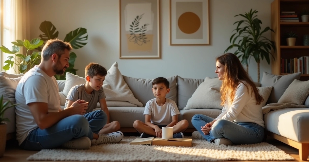 Family sitting in cozy living room practicing mindful listening together 