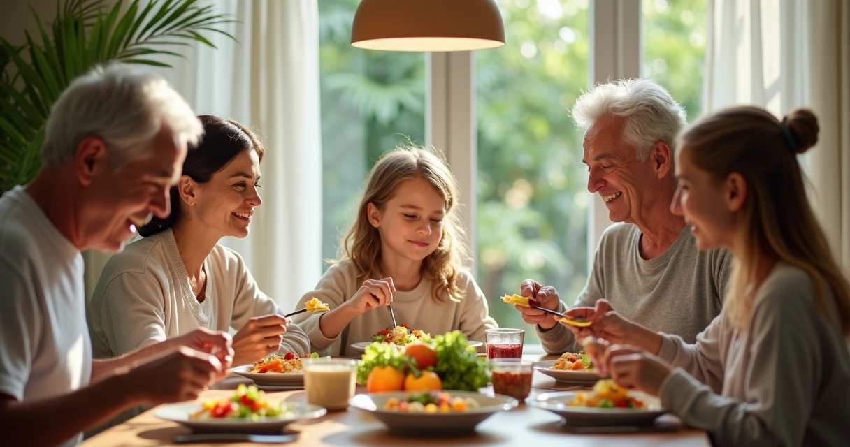 Family quietly enjoying a mindful meal 