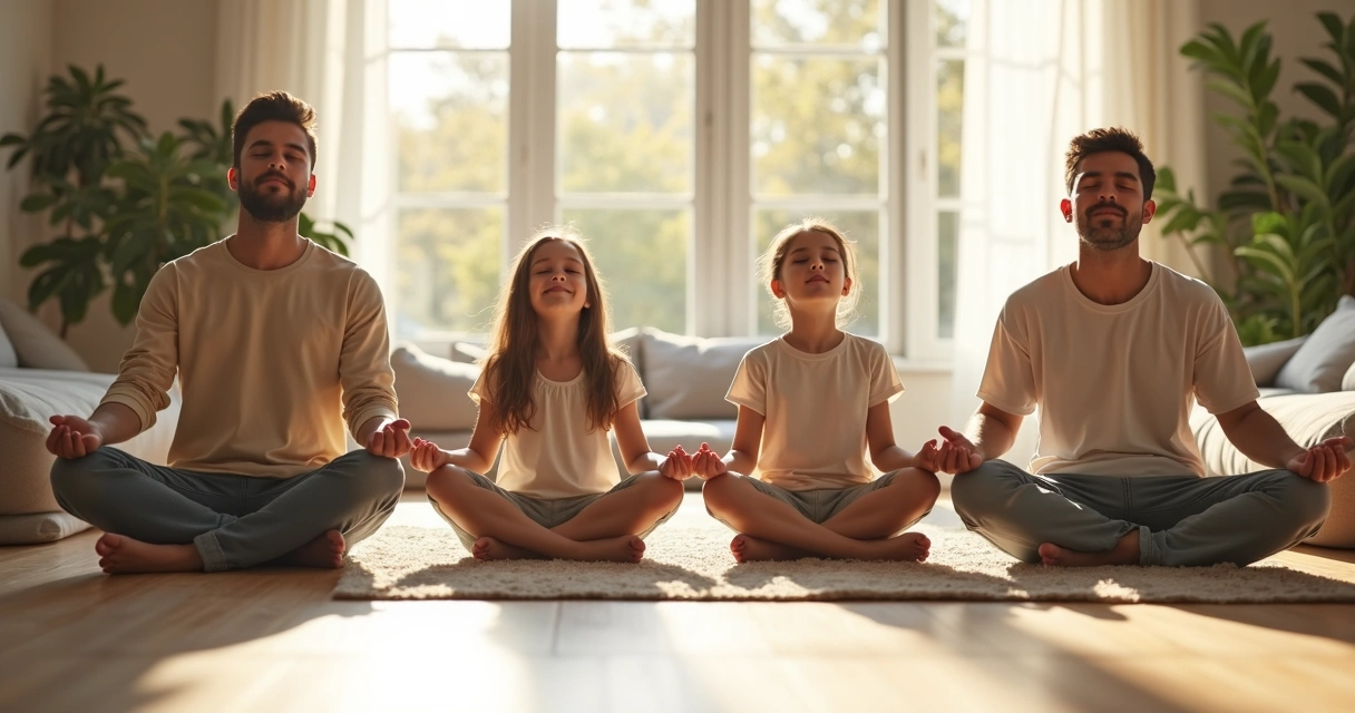 Family meditating together in a sunlit living room, sitting on the floor 