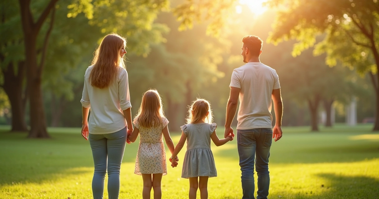 Family standing in park, sharing peaceful moment