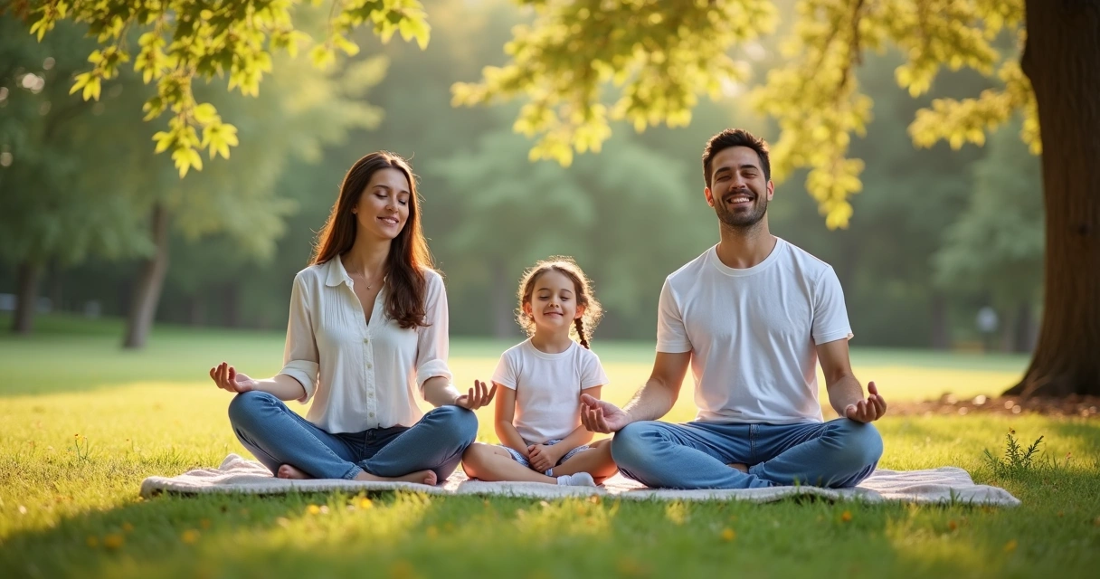 Family practicing mindfulness together outdoors. 