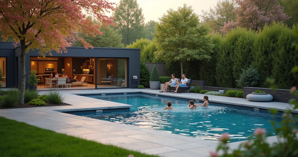 Family gathering by a modern pool with smart technology