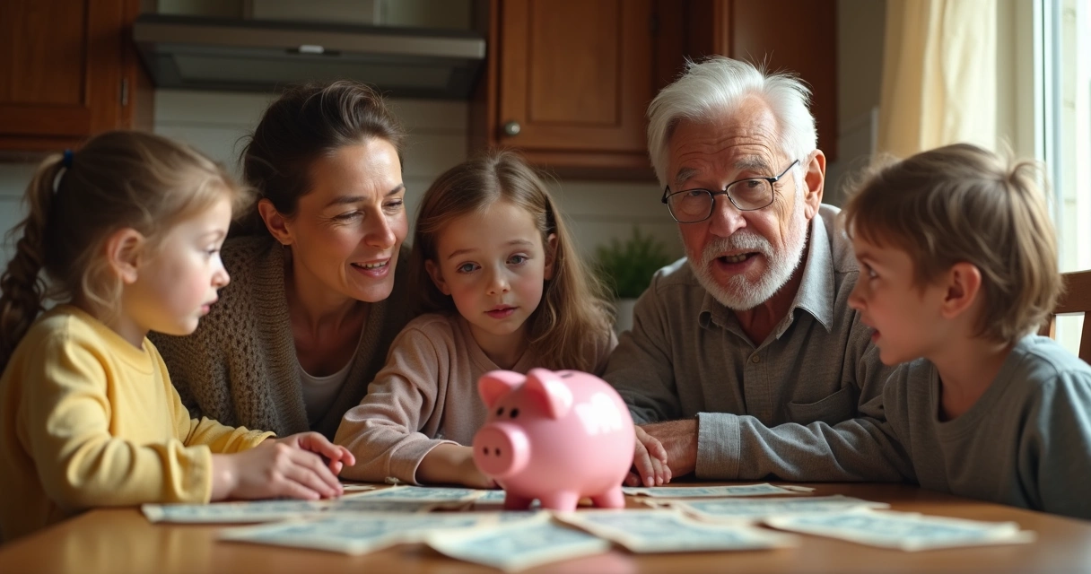 Family sitting at a kitchen table with different generations, discussing money with thoughtful expressions. 