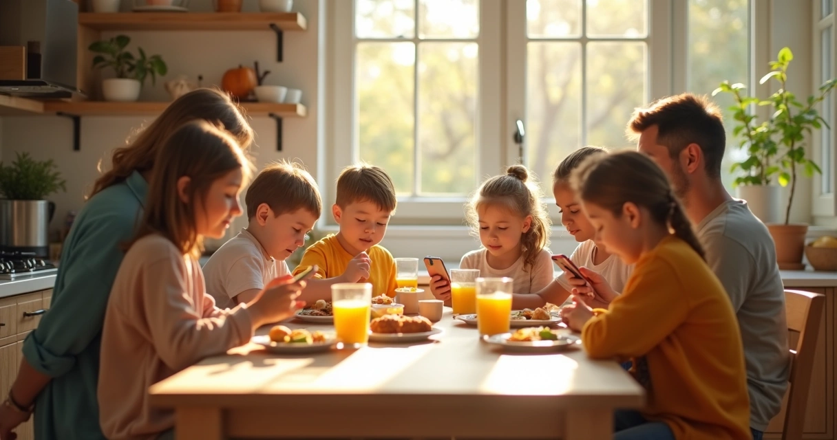Family members gathered for breakfast, some on phones, some engaging with each other