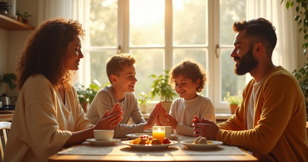 Family sitting together at a breakfast table in a sunlit kitchen, sharing a quiet mindful moment 