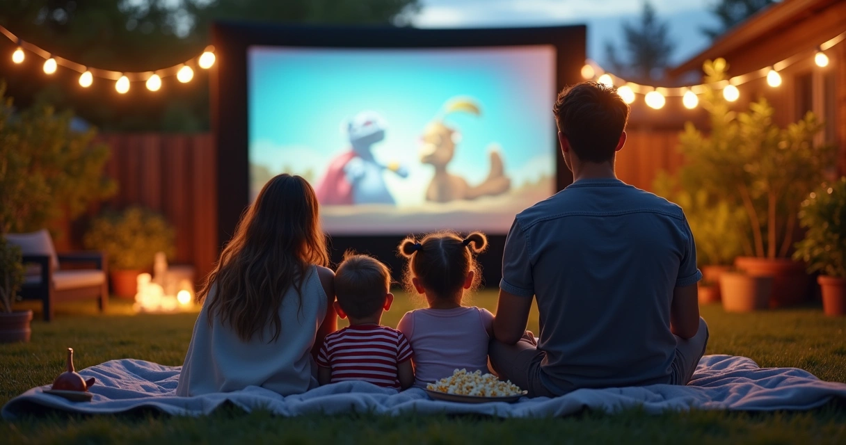 Family enjoying backyard movie night with blanket and snacks