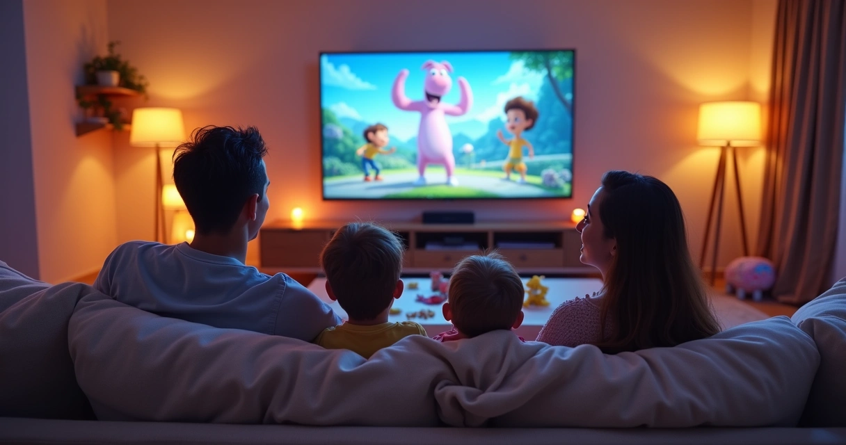 Family sitting on a sofa in a cozy living room watching a movie together 