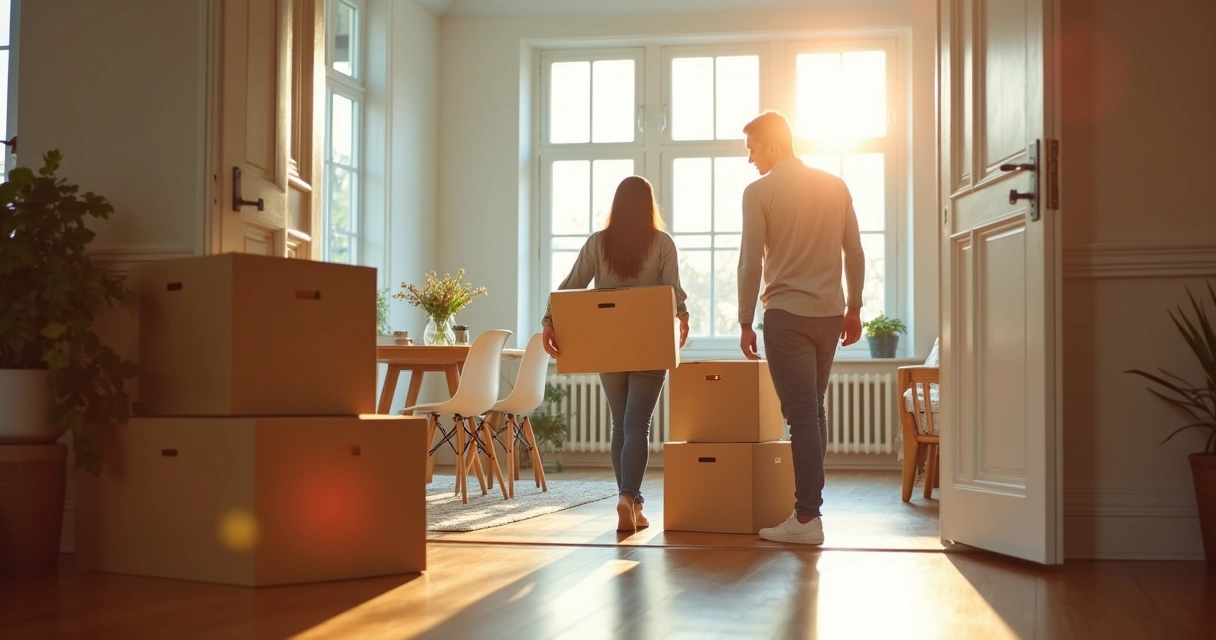 Family carrying boxes into new house 