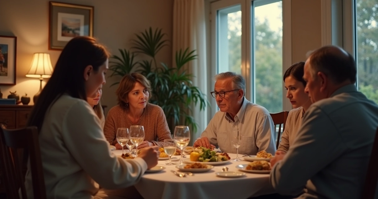 Modern family sitting at dinner table, several generations, each person lost in thought