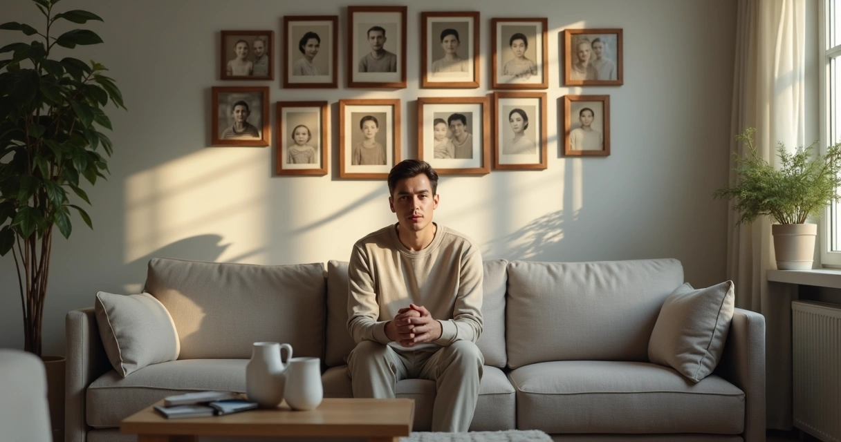 Adult surrounded by framed family portraits casting overlapping shadows 