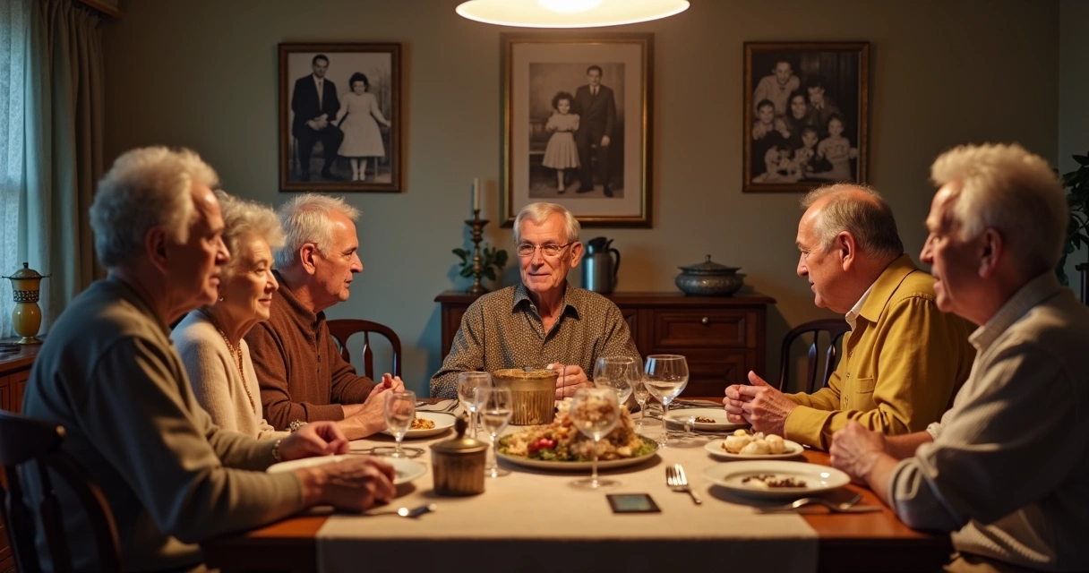 Family gathered at table with generational photos on wall 