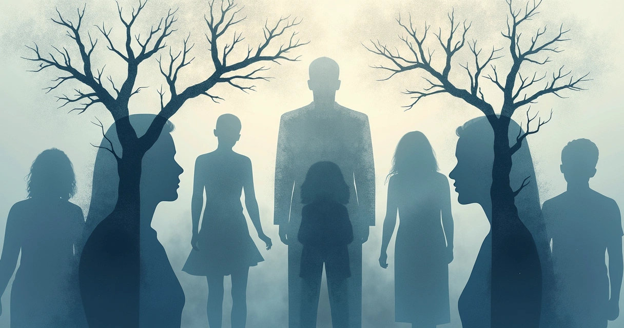 Abstract illustration of interconnected human silhouettes with subtle family tree branches