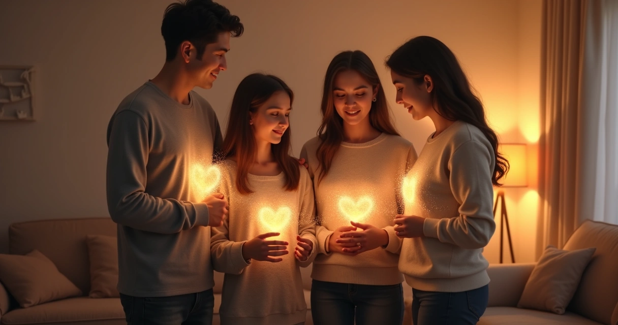 Conceptual illustration of a family with invisible threads connecting them 