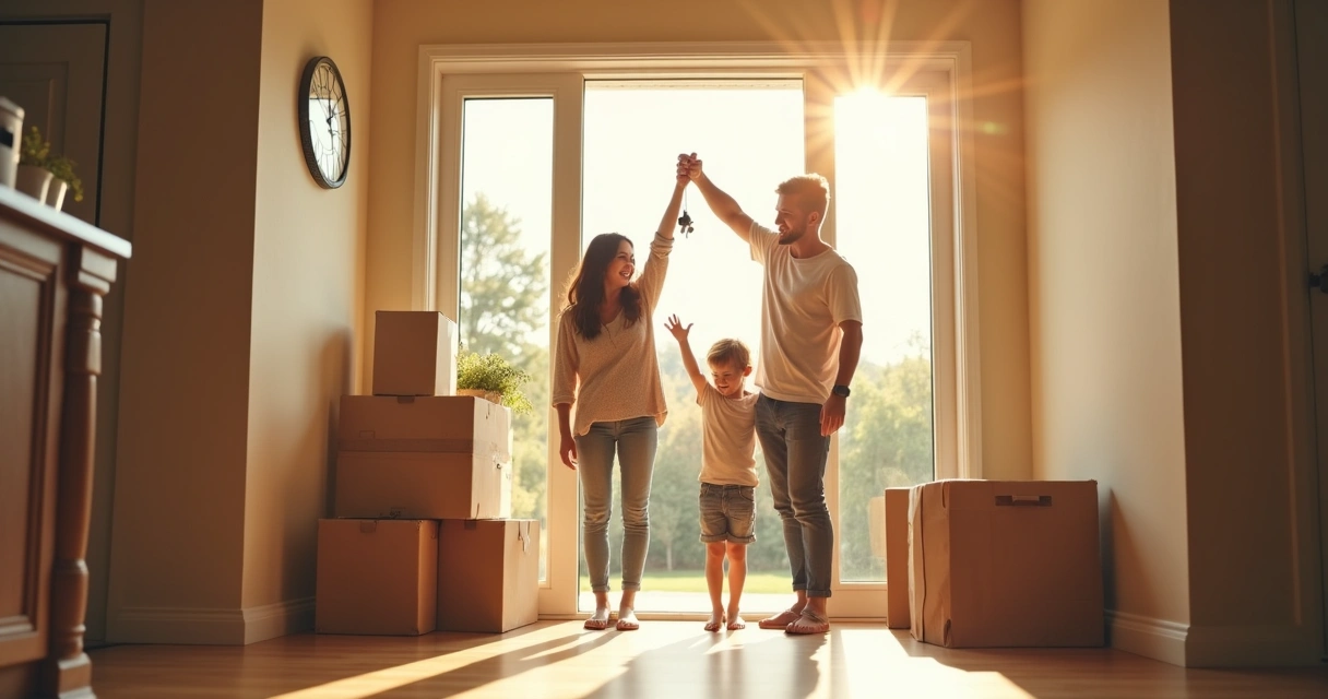 Family celebrating new home with keys in hand